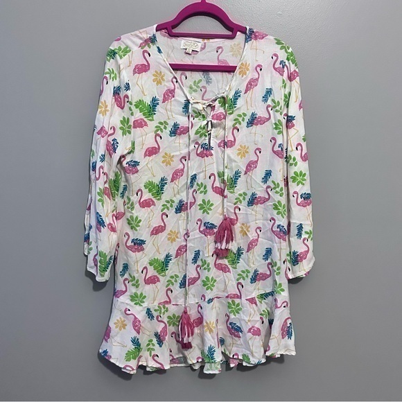 Mud Pie M White/Pink Flamingo Tunic Dress Beach Cruise Tropical Cover Up - Picture 1 of 6